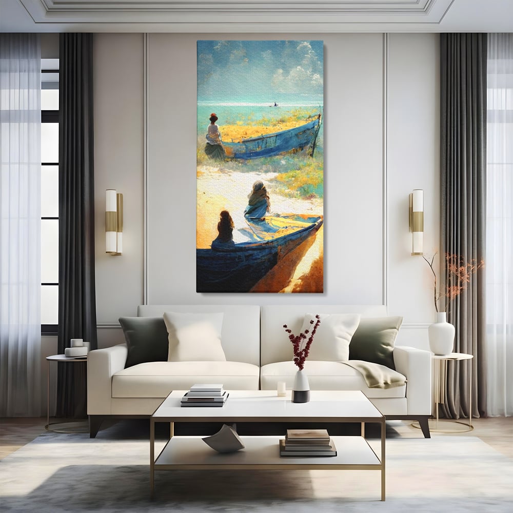Tablou canvas cu tablou canvas cu femei pe plaja si barci, fara rama, pe sasiu de lemn, pe perete intr-un living